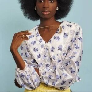 Sister Jane White Blouse with Blue Floral Design